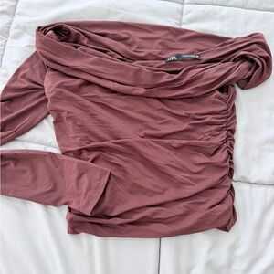 ZARA Brown Off-Shoulder Ruched Top